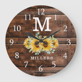 Rustic Brown Wood Sunflower Familienaam Monogram Grote Klok