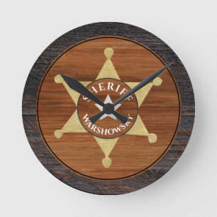 Rustic Brown Wood Tone Sheriff Badge Star Ronde Klok