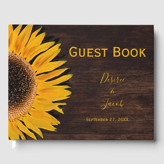 Rustic bruin hout - geel zonnebloempje gastenboek (Voorkant)