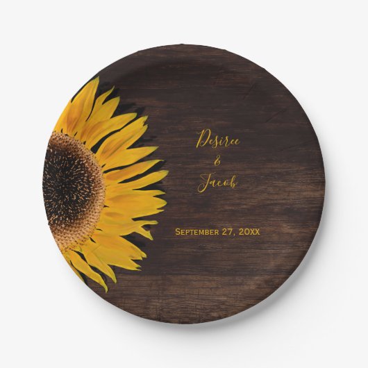 Rustic bruin hout - geel zonnebloempje papieren bordje (Voorkant)