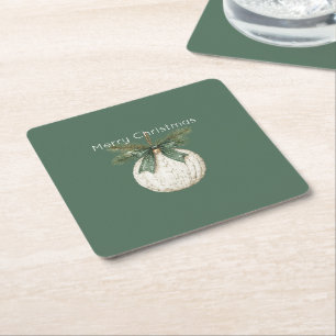 Rustic Bruine Crème Groen Ornament Kerstmis Vierkante Kartonnen Onderzetter