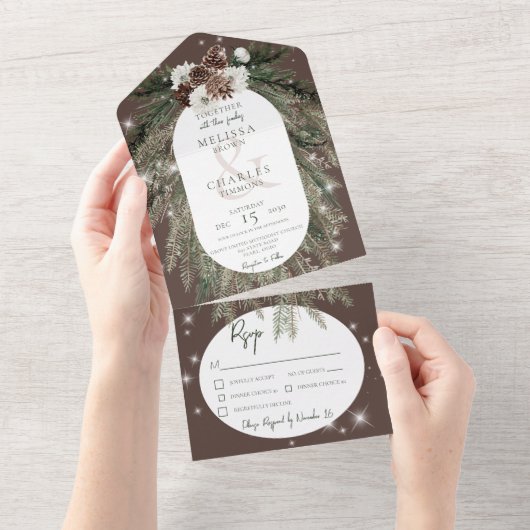 Rustic bruine wintersparkle Dinner All In One Uitnodiging (Afscheurbaar)