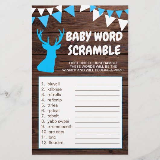 Rustic Buck Blue Boy Baby shower WORD SCRAMBLE Flyer (Voorkant)