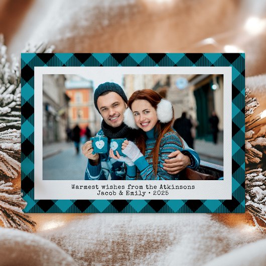 Rustic Buffalo Plaid Custom Photo Turquoise Black Feestdagenkaart