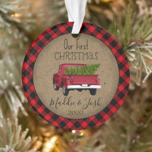 Rustic Buffalo Plaid eerste kerst Truck Ornament