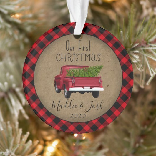 Rustic Buffalo Plaid eerste kerst  Truck Ornament (Boom)