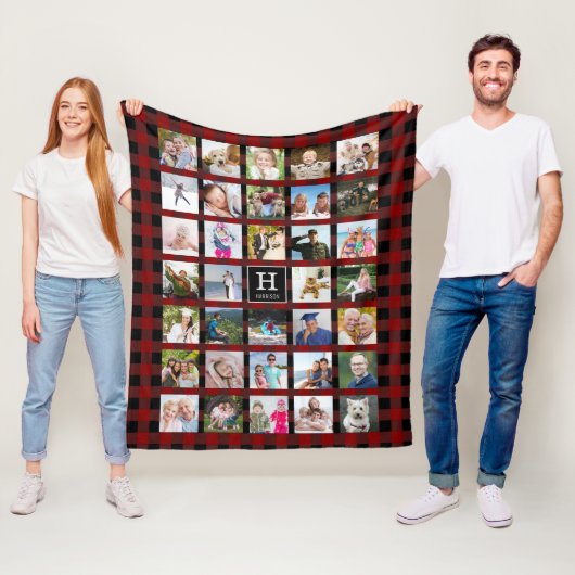 Rustic Buffalo Plaid Monogram Fotocollage Rood Fleece Deken (In situ)
