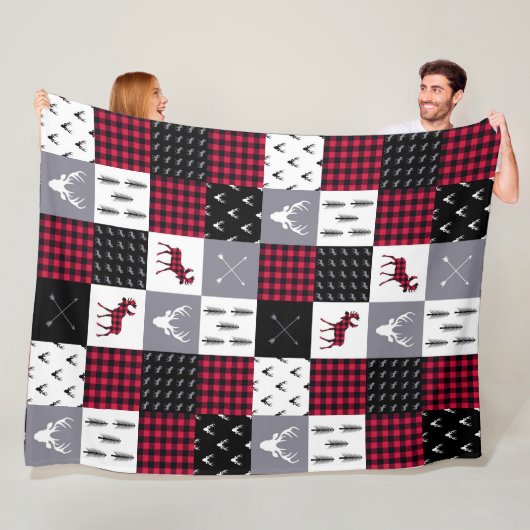 Rustic Buffalo Plaid Patchwork Rood Wit Kerstmis Fleece Deken (In situ)