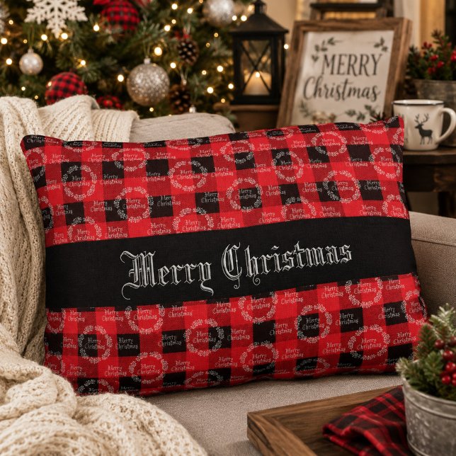 Rustic Buffalo Plaid Prettig Kerstfeest  Accent Kussen (Creator heeft geüpload)
