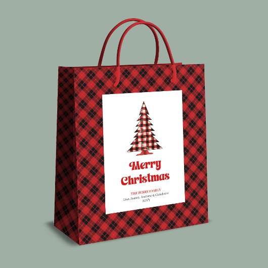 Rustic buffalo plaid tree gift bag personalized medium cadeauzakje