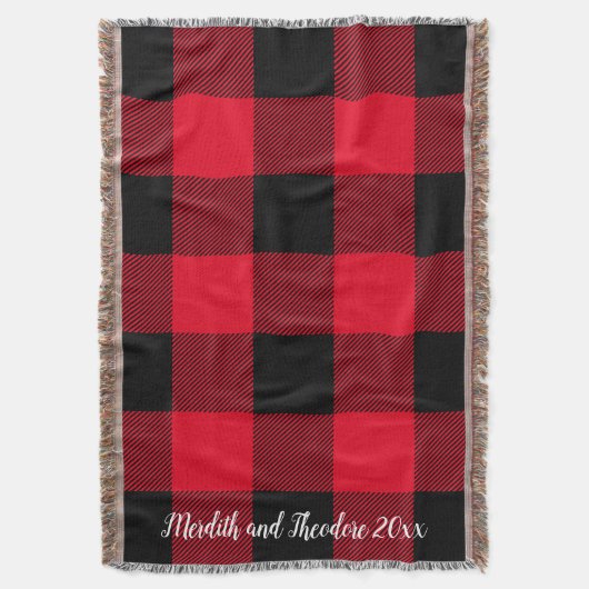 Rustic Buffalo Pset Red Black Monogram Namen Deken (Voorkant Verticaal)