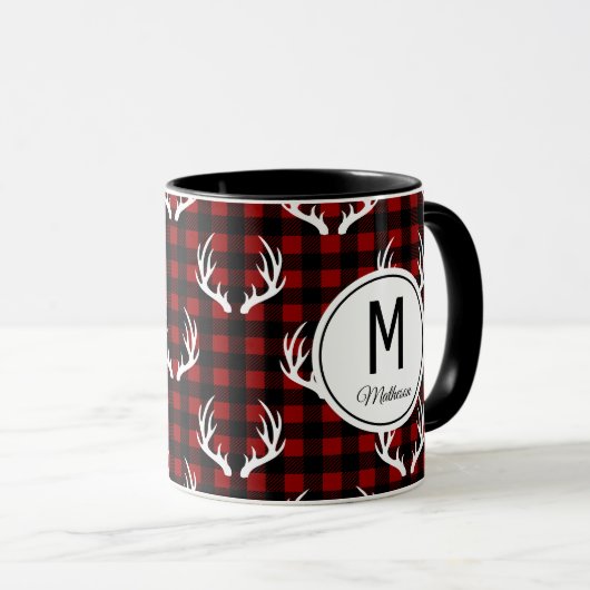 Rustic Buffalo Pset & White Deer Antlers Monogram Mok (Voorkant rechts)