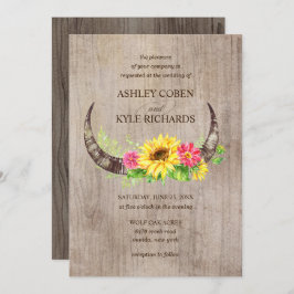 Rustic Bull Horns and Flowers Wedding Invitation Kaart
