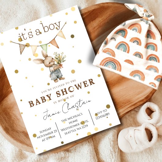 Rustic Bunny Baby Boy Invitation