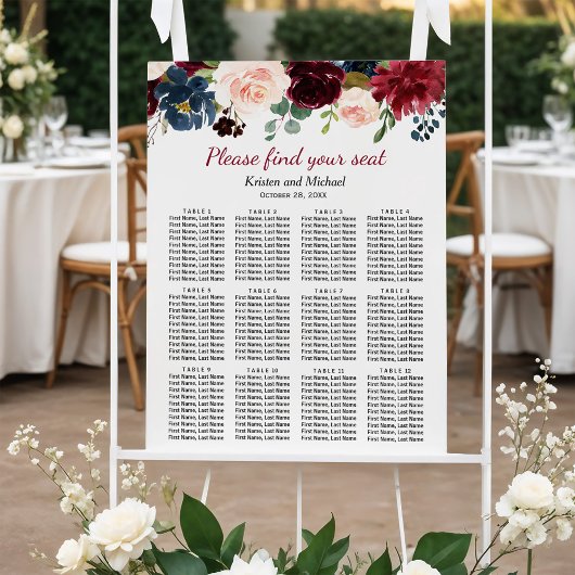 Rustic Burgundy Bloom Floral Wedding Seating Chart Poster