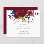 Rustic Burgundy Blue Floral Budget Wedding Invites (Voorkant / Achterkant)