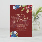 Rustic Burgundy Blue Floral Wedding BESPAAR DE DAT Kaart (Staand voorkant)