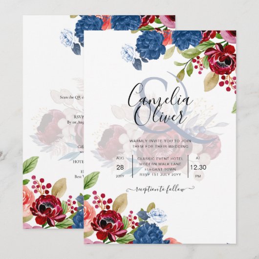 Rustic Burgundy Blue Floral Wedding Kaart (Voorkant / Achterkant)