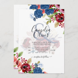 Rustic Burgundy Blue Floral Wedding Kaart