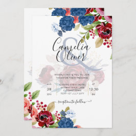 Rustic Burgundy Blue Floral Wedding Kaart