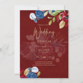Rustic Burgundy Blue Floral Wedding Kaart (Voorkant)