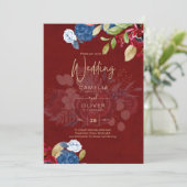 Rustic Burgundy Blue Floral Wedding Kaart (Staand voorkant)