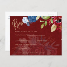Rustic Burgundy Blue Floral Wedding RSVP