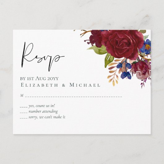 Rustic Burgundy Blue Floral Wedding RSVP Briefkaart (Voorkant)