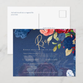 Rustic Burgundy Blue Floral Wedding RSVP Briefkaart