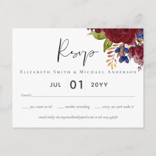 Rustic Burgundy Blue Floral Wedding RSVP Briefkaart