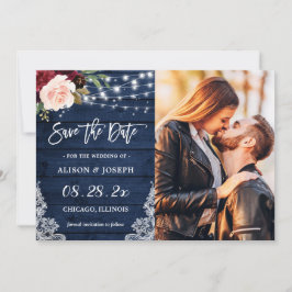Rustic Burgundy Blue String Lights Weddenfoto Save The Date