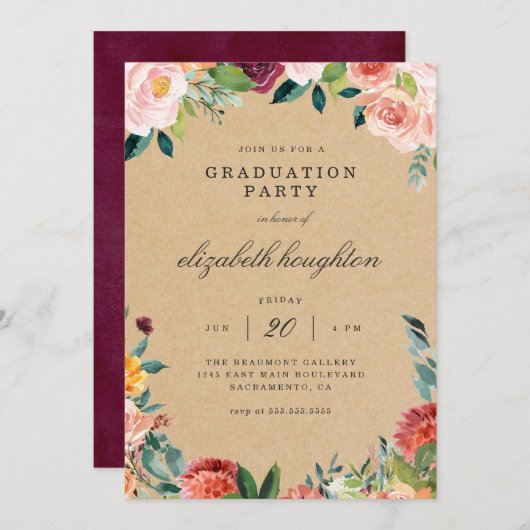 Rustic Burgundy Blush Floral Afstuderen Deel Kaart (Voorkant / Achterkant)