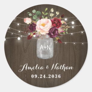 Rustic Burgundy Blush Floral Mason Jar Wedding Ronde Sticker