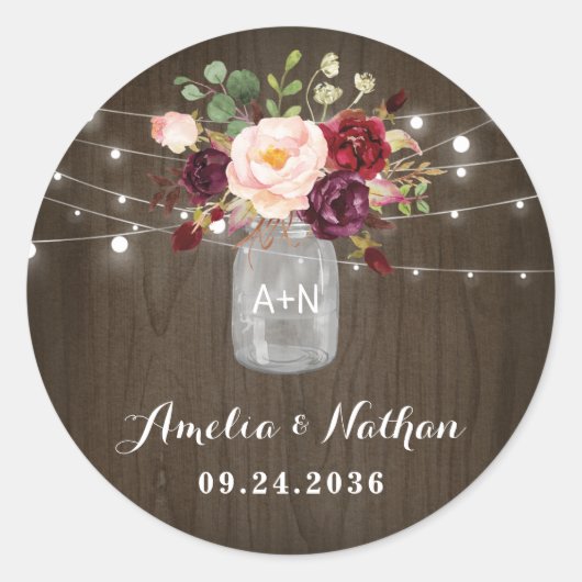 Rustic Burgundy Blush Floral Mason Jar Wedding Ronde Sticker (Voorkant)