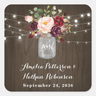 Rustic Burgundy Blush Floral Mason Jar Wedding Vierkante Sticker