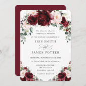 Rustic Burgundy Blush Floral Rozen bruiloft Kaart (Voorkant / Achterkant)