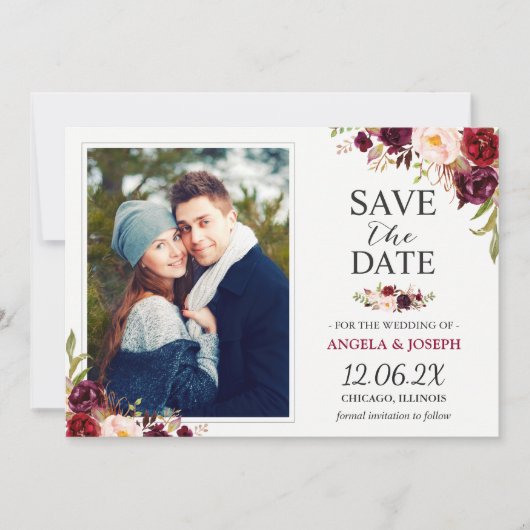 Rustic Burgundy Blush Floral Save the Date Photo (Voorkant)