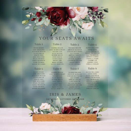 Rustic Burgundy Blush Floral Wedding Seating Chart (Neutre)