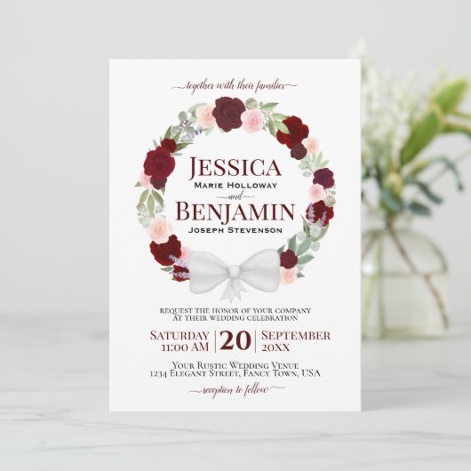 Rustic Burgundy Blush Floral Wreath Boho Wedding Kaart (Staand voorkant)