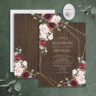 Rustic Burgundy Blush Geometric Wood Wedding Kaart