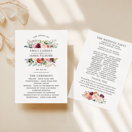 Rustic Burgundy Blush Herfst Floral Wedding Ceremo Programma