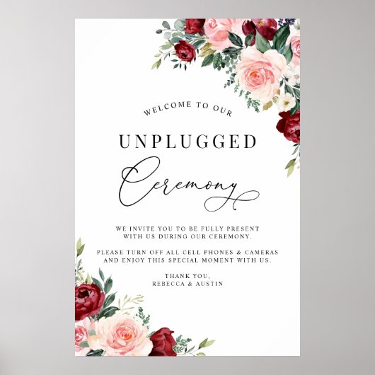 Rustic Burgundy Blush Unplugged Ceremony Wedding Poster (Voorkant)