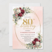 Rustic Burgundy Boho Flowers 80th Birthday Invites Kaart (Voorkant)