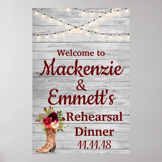 Rustic Burgundy Boho Rehearsal Dinner Welcome Sign Poster (Voorkant)