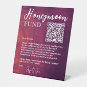 Rustic Burgundy Elegant QR Code Honeymoon Fund Reclamebord Met Voetstuk (Voorkant)