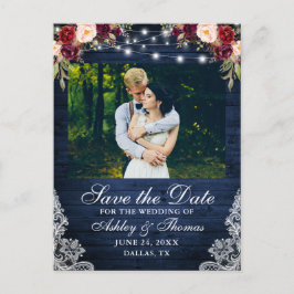 Rustic Burgundy Floral Blue Wood Lights Foto Aankondigingskaart