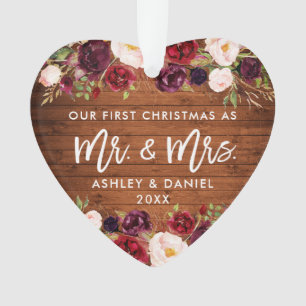 Rustic Burgundy Floral Eerste Kersthuwelijk Ornament
