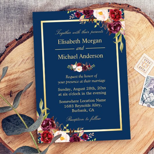 Rustic Burgundy Floral Gold Navy Blue Wedding Kaart