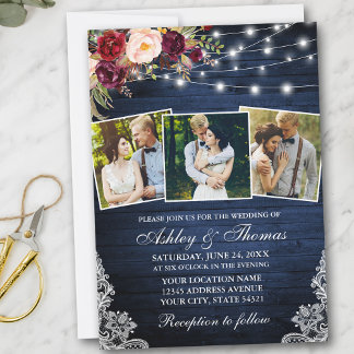 Rustic Burgundy Floral Lace Lights 3 Fotohuwelijk Kaart