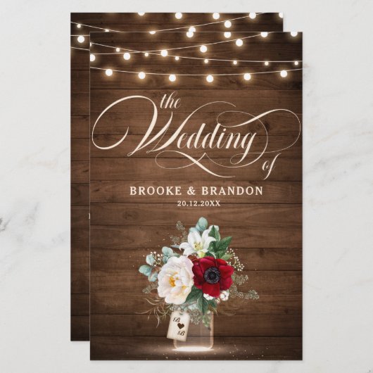 Rustic Burgundy Floral Mason Jar Wedding Programme (Voorkant / Achterkant)